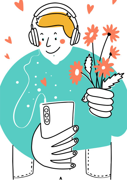 微笑的年轻人通过手机和他的女朋友聊天。用智能手机在网上调情和点赞。空气中弥漫着爱。矢量图图片下载