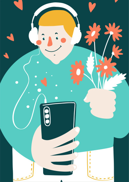 微笑的年轻人通过手机和他的女朋友聊天。用智能手机在网上调情和点赞。空气中弥漫着爱。矢量图图片下载