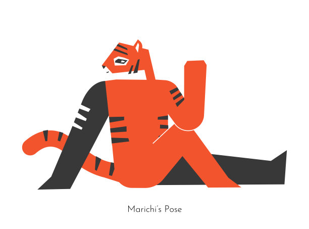 矢量孤立概念与卡通动物角色学习扭曲瑜伽练习- marichyana III。中国虎做坐姿伸展运动图片下载