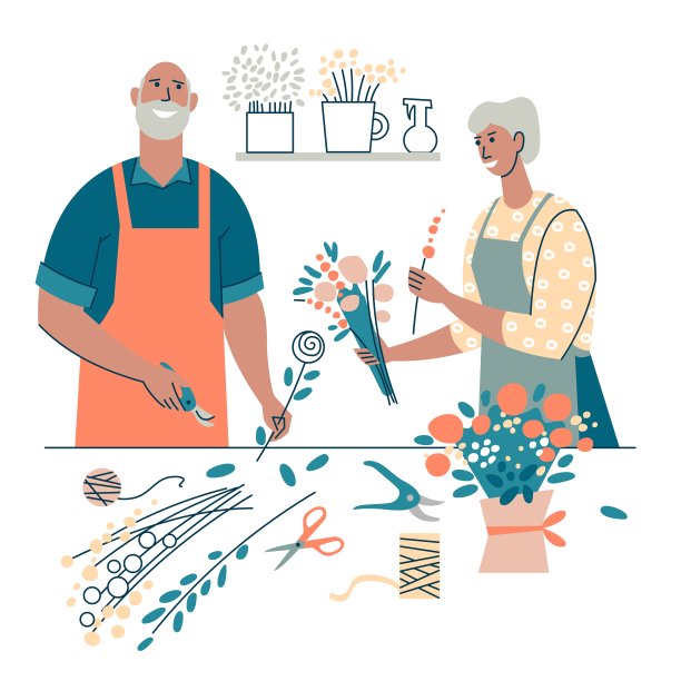 老年人从事植物种类研究。快乐的祖父母花时间在一起，做花束。养老金活动的概念。成人班。图片下载