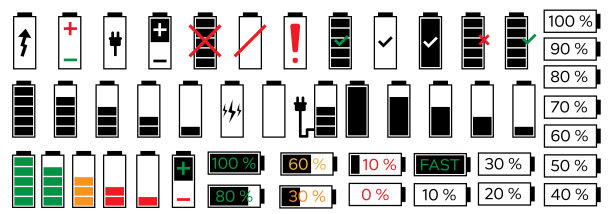 电池充电指示灯图标设置。满低和空电荷状态。装料水平空装载棒。矢量插图的技术小工具在白色背景。图片下载