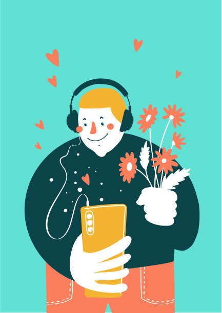 微笑的年轻人通过手机和他的女朋友聊天。用智能手机在网上调情和点赞。空气中弥漫着爱。矢量图图片下载