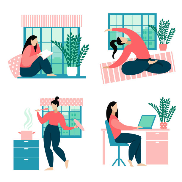 概念集——在大流行期间呆在家里。一个年轻的女孩看书，在家练习瑜伽，远程工作，在家做饭。图片下载