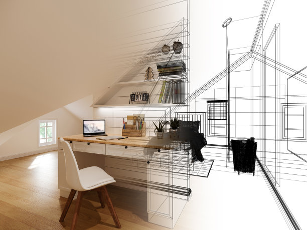 室内阁楼卧室草图设计，三维效果图绘制图片下载