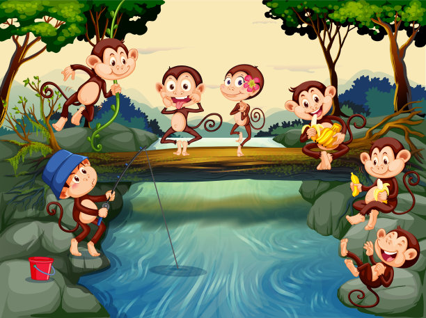 森林河流场景与猴子卡通人物图片下载