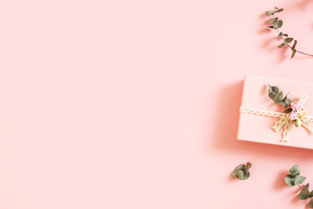 美丽的粉红色礼品盒孤立在柔和的背景上。节日、生日、婚礼、母亲节、情人节、妇女节的礼物。副本的空间。俯视图，平躺。图片下载