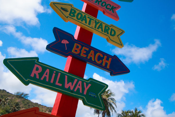 夏天收集迹象。海滩、铁路、船的院子。复古矢量广告。多彩的木制手工路标在热带海滩。图片下载