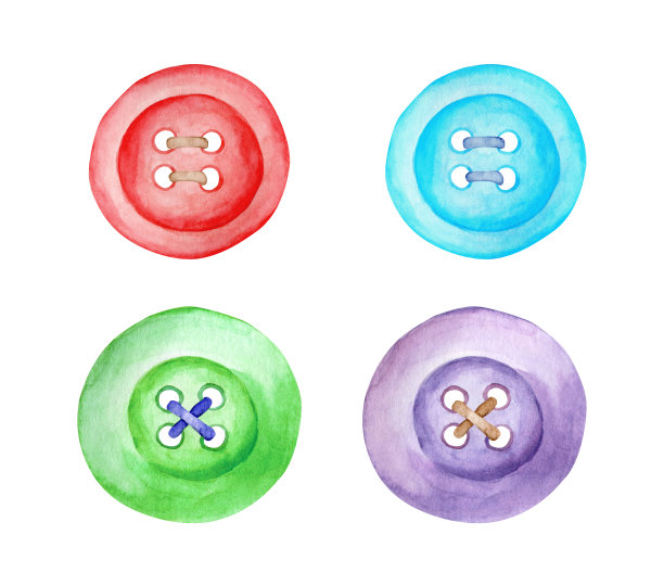 设置水彩彩色缝纫纽扣孤立在白色背景。可爱的古董工艺品手工绘制插图用于缝纫，针线活，剪贴簿。爱好剪纸设计。图片下载