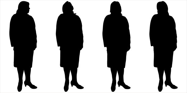 穿裙子的女人。一个穿西装的女商人一动不动地站着。黑色女性剪影在白色背景上。一个人摆出身体的姿势，但头却朝不同的方向。侧视图。图片下载