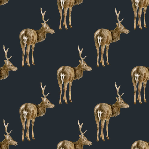 水彩鹿无缝图案。手绘现实的鹿与角在黑色背景上。织物，壁纸，印花的重复插图。图片下载