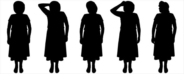 一排戴着帽子的女人。一个女人用手把帽子戴在头上。前视图。夏季女装服装:裙子、衬衫、连衣裙、太阳帽。黑人女性剪影孤立在白色背景上。图片下载