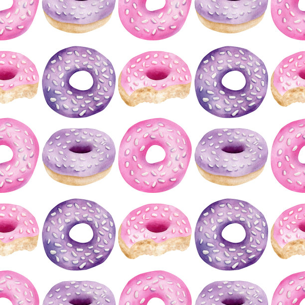 水彩甜甜圈无缝图案。手绘粉色和紫色甜甜圈与釉和洒背景孤立在白色上。美味的甜点设计墙纸，打印，生日贺卡，。图片下载