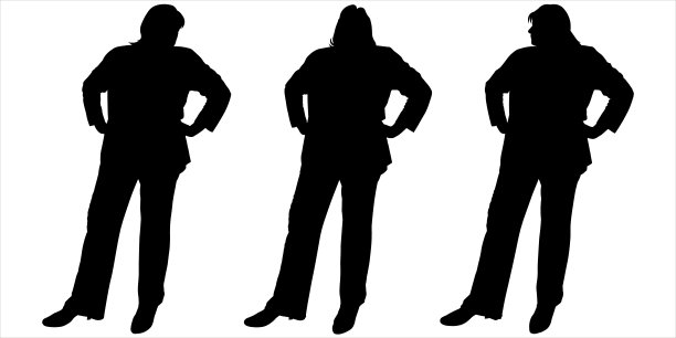 女性轮廓，一条腿向前伸出。前视图，半侧面。一个女人的三个姿势。女性黑色剪影，孤立在白色背景下，彼此站在一起，排成一行。图片下载