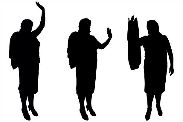 一位穿着西装的女商人用手把一件夹克放在肩上，用另一只手挥手说“你好”。办公室职员，雇员，老师。剪影孤立在白色上。半边视图。图片下载