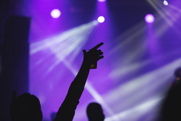 人们在享受一场音乐会的概念时，人们的剪影在听音乐时举起他们的手，集中在前景上，模糊的紫色背景图片下载