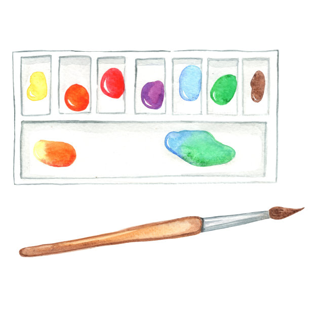 水彩调色板和画笔水彩插图装饰艺术和设计工具固定。图片下载
