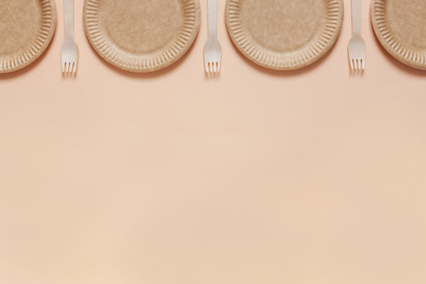 环保一次性餐具盘子和叉子的食物在柔和的背景。俯视图图片下载