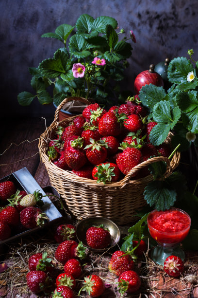 成熟的新鲜草莓在柳条筐在黑色的背景与绿色的叶子和粉红色的花在草莓植株上图片下载