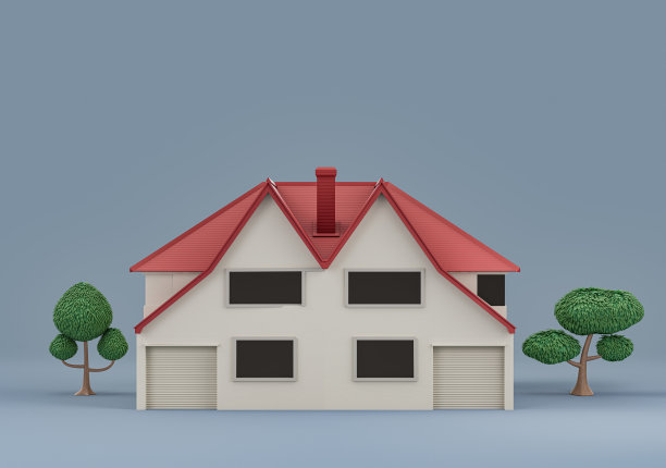 带有树木的独栋房屋，白色和红色的微型独栋房屋模型，房地产，3d渲染，高分辨率图片下载