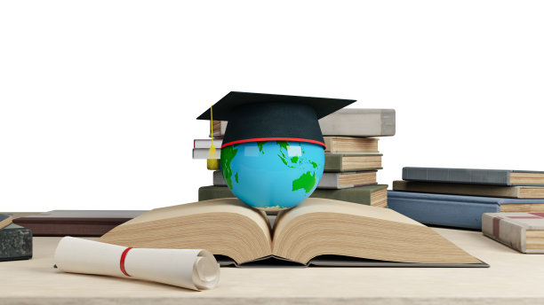 毕业帽，木桌上堆放着书。三维渲染图片下载