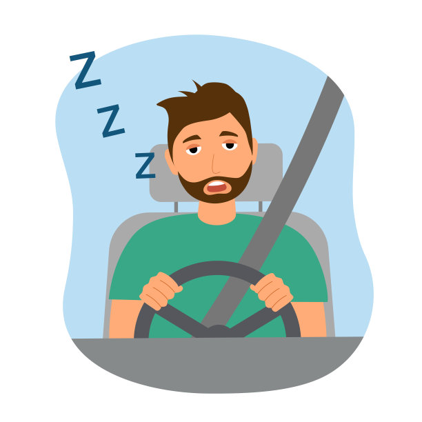 年轻男子在白色背景的平面设计的汽车上昏昏欲睡。疲惫不堪的驾驶员概念。图片下载