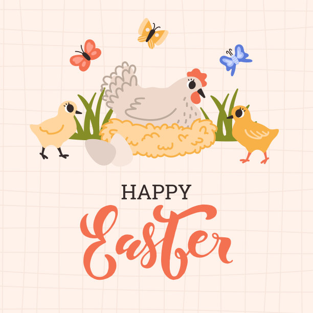 复活节快乐。春鸡有巢，有蛋，有小鸡，有花，有蝴蝶。可爱的平面矢量插图米色背景。贺卡。图片下载