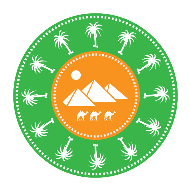 与埃及金字塔、骆驼、棕榈树的剪影圆形图像图标。图片下载