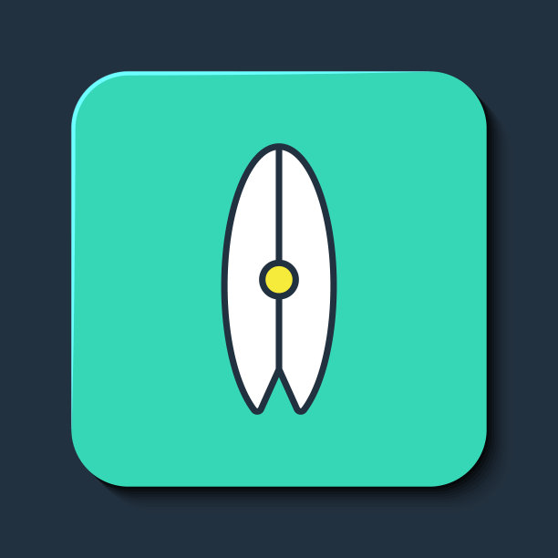 填充轮廓冲浪板图标孤立在蓝色背景。冲浪板。极限运动。运动设备。绿松石平方按钮。向量图片下载