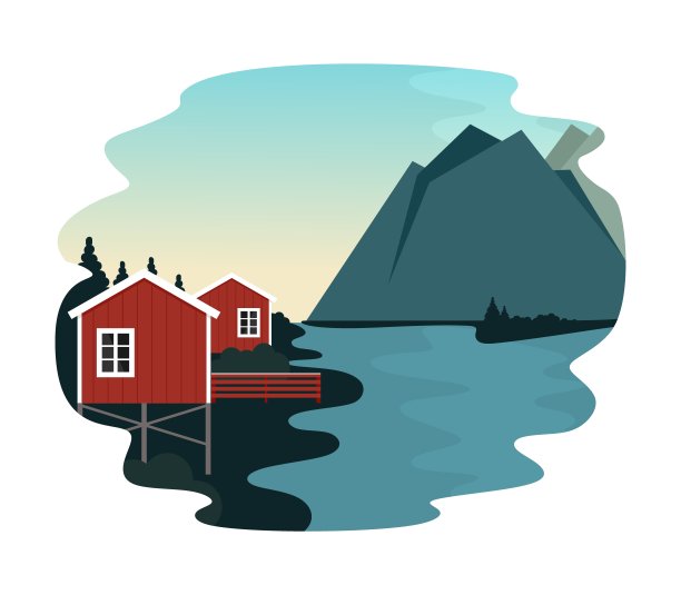 村庄位于山川风光旖旎的北部山谷，山谷里建有红房子。在湖边和河边的山村里休息。平面风格的矢量插图。图片下载