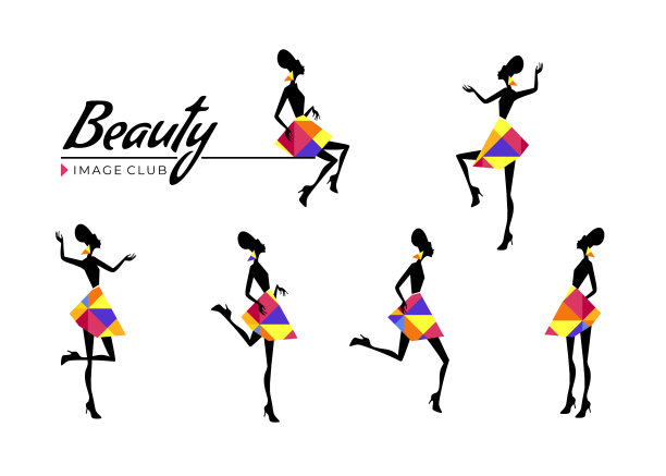 一套不同姿势的彩色女孩剪影。一组女性模板与晶体在白色背景。矢量插图的标志，妇女的一天，儿童时尚，装饰。图片下载