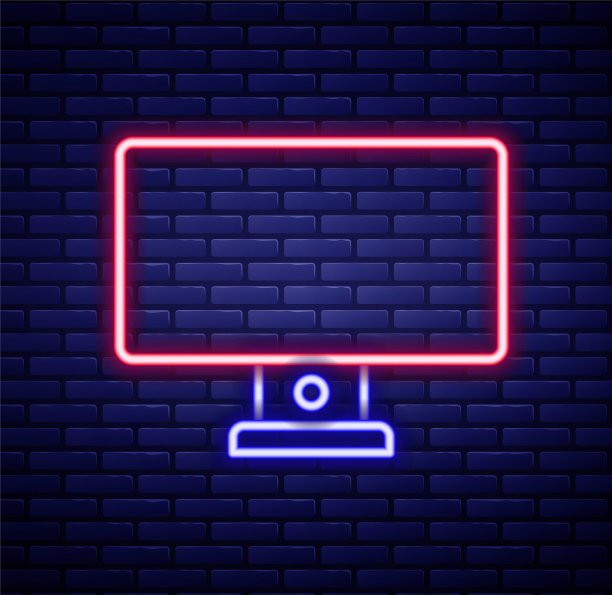 发光的霓虹灯线电脑显示器图标孤立在砖墙背景上。电脑组件的信号。色彩斑斓的轮廓的概念。向量图片下载