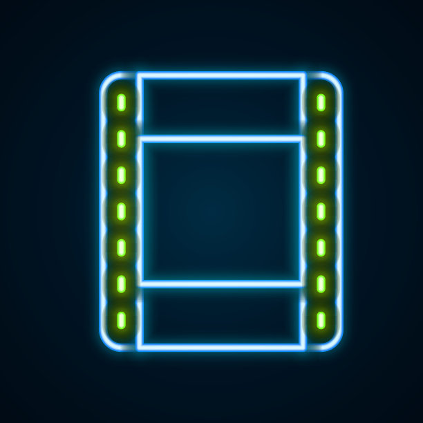 发光霓虹灯线播放视频图标孤立在黑色背景。薄膜带标志。色彩斑斓的轮廓的概念。向量图片下载