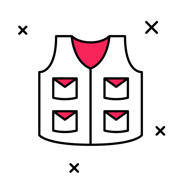 填充轮廓钓鱼夹克图标孤立在白色背景。钓鱼背心。向量图片下载