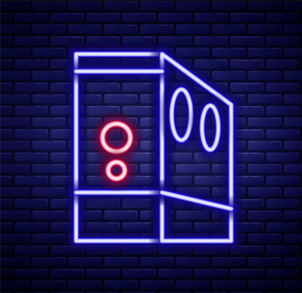 发光的霓虹灯线机箱电脑图标孤立在砖墙背景。电脑服务器。工作站。色彩斑斓的轮廓的概念。向量图片下载