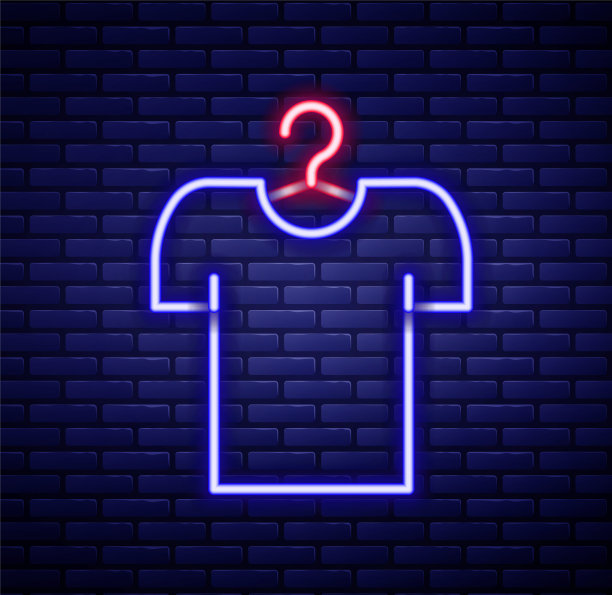 霓虹灯线t恤衣架图标孤立在砖墙背景上。色彩斑斓的轮廓的概念。向量图片下载