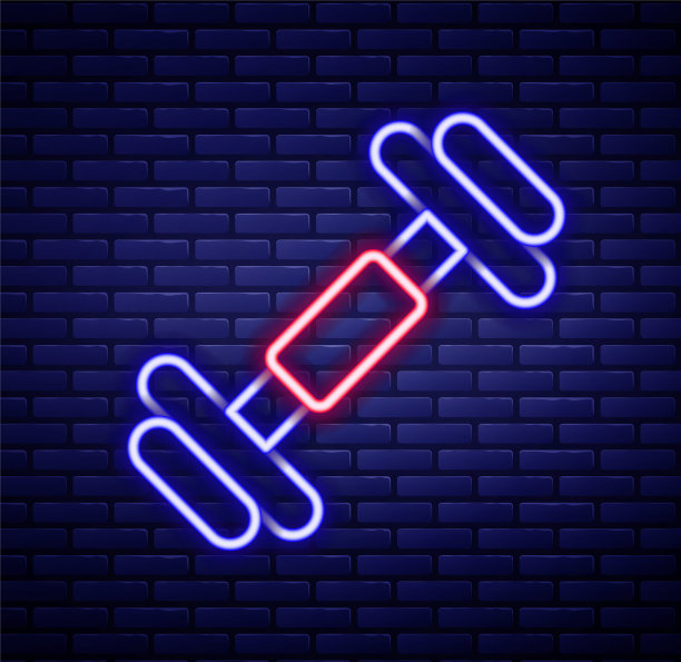 霓虹灯线哑铃图标孤立在砖墙背景。肌肉举重、健身杠铃、运动器材。色彩斑斓的轮廓的概念。向量图片下载