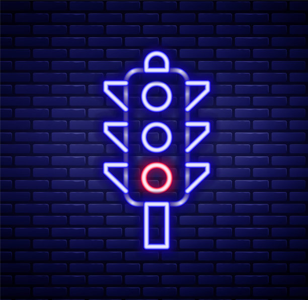 发光的霓虹灯线交通灯图标孤立在砖墙背景。色彩斑斓的轮廓的概念。向量图片下载