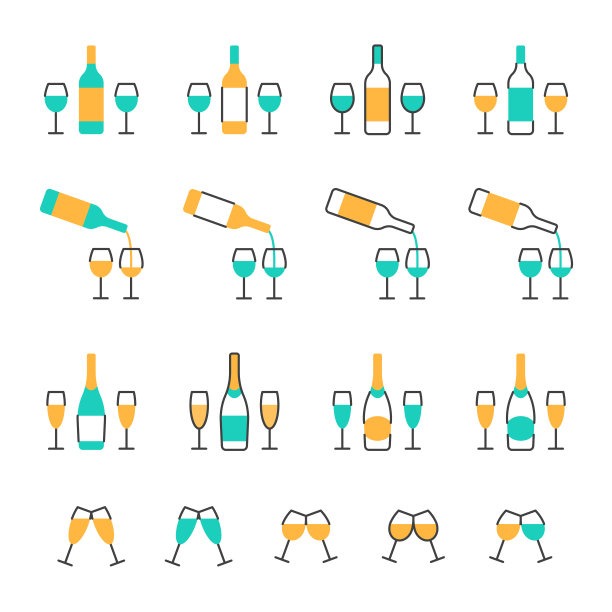酒瓶玻璃香槟行图标设置。白色背景上的抽象酒精饮料标志或标志。浪漫的庆祝活动对象设计。最小的豪华饮料酒厂向量插图图片下载