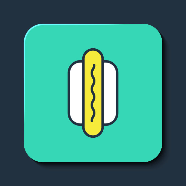 填充轮廓热狗三明治图标孤立在蓝色背景。香肠图标。快餐的迹象。绿松石平方按钮。向量图片下载
