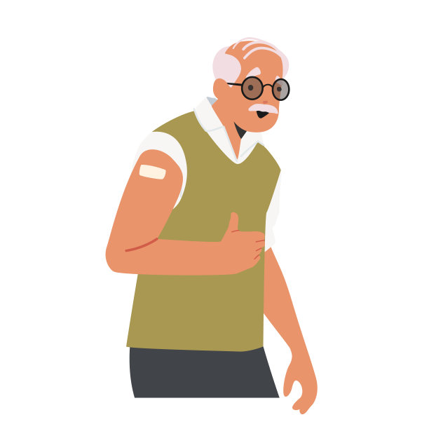 接种疫苗的老阳性高级角色肩膀上的补丁显示拇指向上孤立在白色背景上图片下载