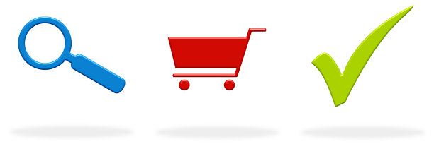 放大镜，购物标志和绿色勾号图片下载