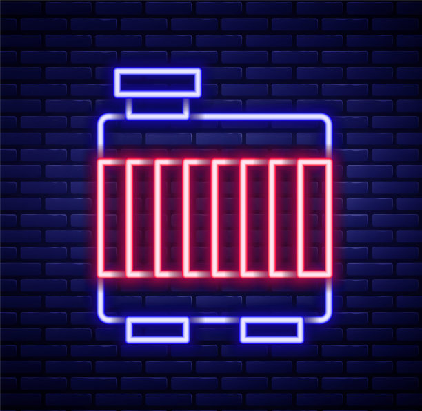 发光的霓虹灯线汽车散热器冷却系统图标孤立在砖墙背景上。色彩斑斓的轮廓的概念。向量图片下载