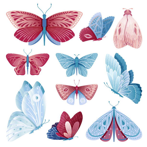 孤立的蝴蝶。花蝶，复古春飞虫。蓝色粉红飞蛾，卡通野生动物。森林动物，装饰时髦的向量集图片下载