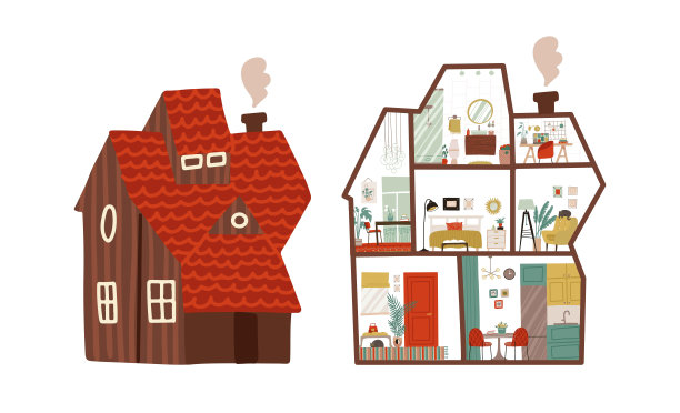 舒适的乡村别墅里外，室内有家具。家的横截面与卧室，客厅，厨房，餐厅，浴室，大厅，工作场所。红屋顶的家。矢量图图片下载