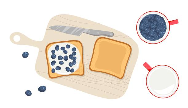 斯堪的纳维亚的烤面包片配酸奶和蓝莓。砧板上的健康浆果三明治。俯视图配料烹饪吐司矢量插图。健康早餐的甜吐司食谱图片下载