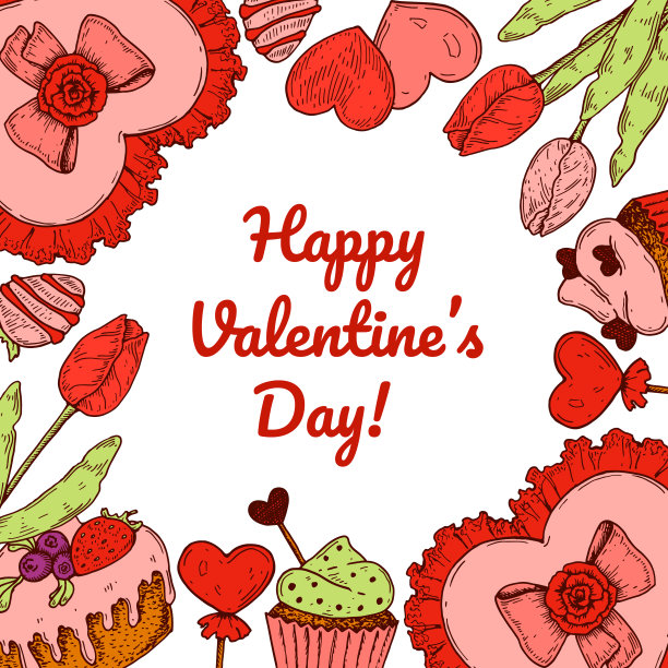 带有手绘元素的情人节贺卡。矢量图图片下载