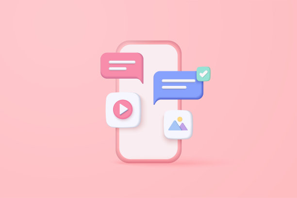 3D矢量社交媒体与视频和图片库平台，在线社交交流应用概念，表情符号，网页，搜索图标，聊天与智能手机背景。图像三维矢量图片下载