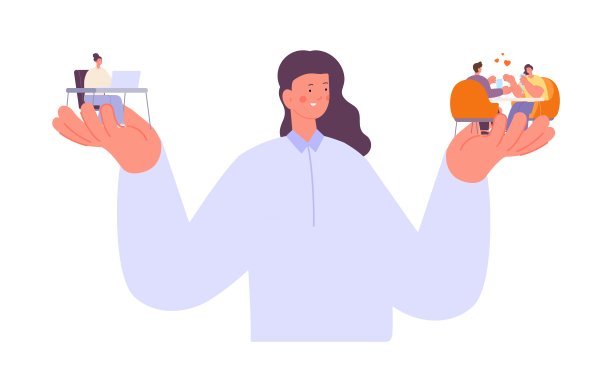 女人要在感情和工作之间做出选择。艰难的选择，生活方式现代都市女孩。家庭，友情，工作，矢量概念图片下载