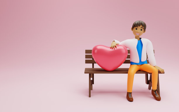 可爱的小伙子爱上了坐在长椅上的心形气球。副本的空间。3 d渲染。图片下载