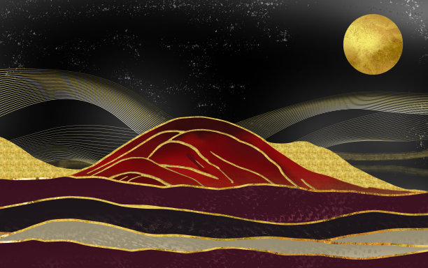 3d插画景观艺术壁纸。金色的山脉，线条和黑色背景下的太阳图片下载